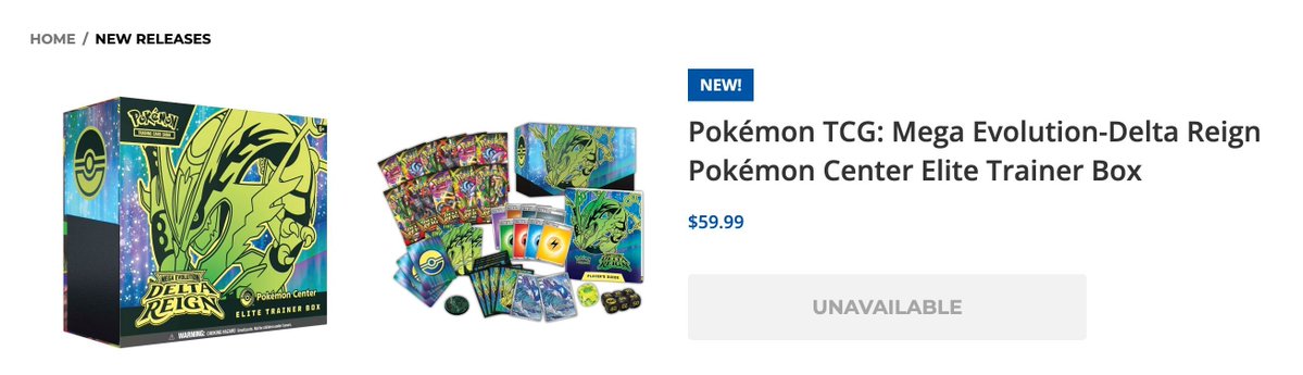 The image shows a Pokémon TCG: Mega Evolution-Delta Reign Pokémon Center Elite Trainer Box priced at $59.99 marked as "UNAVAILABLE" at Walmart, which appears unrelated to the post about the 30th Anniversary Pokémon drops featuring booster bundles, mini tin displays, and knockout collections at various price points.