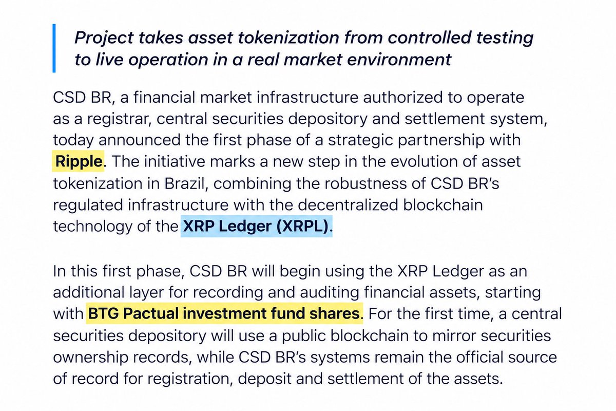 Crypt0Senseii's tweet photo. 🚨 Brazil is bringing regulated securities onto the XRP Ledger

CSD BR, which has more than R$22T in registered assets, is partnering with @Ripple to use XRPL for recording and auditing financial assets, starting with BTG Pactual fund shares.

👉 Fund shares will be tokenized and mirrored on XRPL
👉 Ripple Custody will help secure the infrastructure
👉 Live transactions will operate inside Brazil’s existing regulatory framework

For the first time, a licensed central securities depository is using a public blockchain to mirror securities ownership while keeping its existing systems as the official record.

If the first phase succeeds, CSD BR plans to explore native issuance and trading of additional regulated assets directly onchain.

#XRP #XRPL #Tokenization