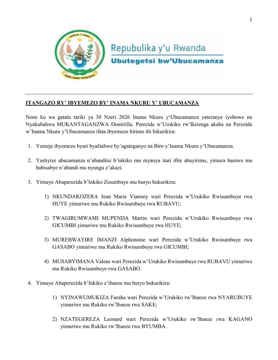 RwandaJudiciary's tweet photo. None ku wa gatatu tariki ya 30 Nzeri 2026 Inama Nkuru y‘Ubucamanza yateranye iyobowe na Nyakubahwa MUKANTAGANZWA Domitilla, Perezida w’Urukiko rw’Ikirenga akaba na Perezida w’Inama Nkuru y’Ubucamanza ifata ibyemezo birimo ibi bikurikira; https://t.co/5gCEW4GkMb