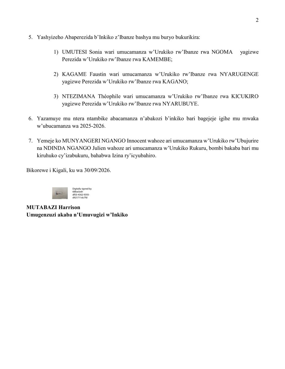 RwandaJudiciary's tweet photo. None ku wa gatatu tariki ya 30 Nzeri 2026 Inama Nkuru y‘Ubucamanza yateranye iyobowe na Nyakubahwa MUKANTAGANZWA Domitilla, Perezida w’Urukiko rw’Ikirenga akaba na Perezida w’Inama Nkuru y’Ubucamanza ifata ibyemezo birimo ibi bikurikira; https://t.co/5gCEW4GkMb