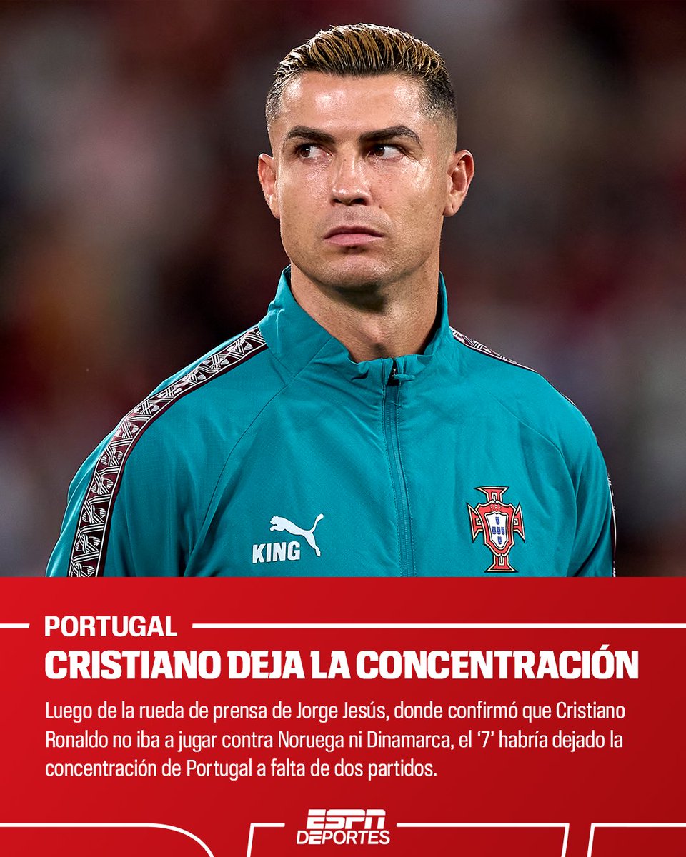 ESPNDeportes's tweet photo. De acuerdo a diversos reportes, Cristiano Ronaldo habría abandonado la concentración de Portugal a falta de dos partidos de Nations League. 😳

Esto luego de que Jorge Jesús le confirmó que no tendría minutos contra Dinamarca ni el segundo juego contra Noruega. 👀 https://t.co/CJJvBKpVA1