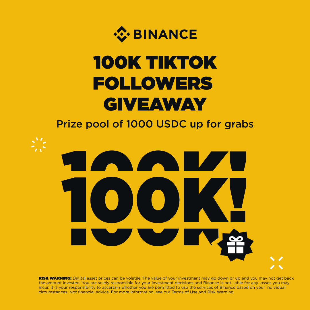 BinanceAfrica's tweet photo. We have just crossed 100k followers on TikTok! We would love to celebrate this milestone with our community! 

We’re giving away 1000 USDC (shared) to 100 lucky winners!

To enter:
🔸 Like and repost this post.
🔸 Follow Binance Africa on TikTok. 
🔸 Comment the correct answers to our giveaway video
🔸 Fill out survey: https://t.co/0bQkHqWqFF

🔗 https://t.co/3Cl1hta8Af

We'll pick the 100 lucky winners to share 1000 USDC!