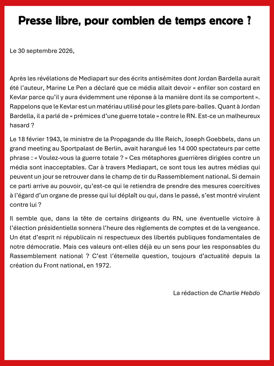 Charlie_Hebdo_'s tweet photo. Communiqué | La rédaction de Charlie Hebdo condamne les menaces de Marine Le Pen à l'encontre de la presse. "À travers Mediapart, ce sont tous les autres médias qui peuvent un jour se retrouver dans le champ de tir du Rassemblement national."
https://t.co/4Qq5fzdl0S https://t.co/1Xnu2rHNrA