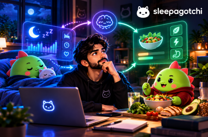 A digital illustration promoting 'sleepagotchi' showing a person with a laptop and a green dinosaur character eating salad, with icons representing sleep tracking and health.