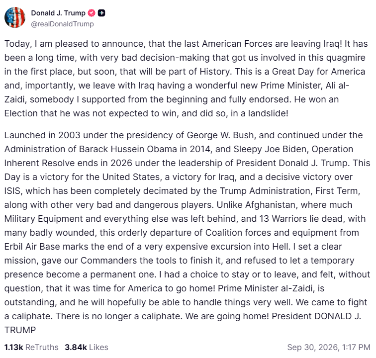 libsoftiktok's tweet photo. BREAKING: President Trump just announced that the last American Forces in Iraq are now leaving. https://t.co/RFK7c51HNP