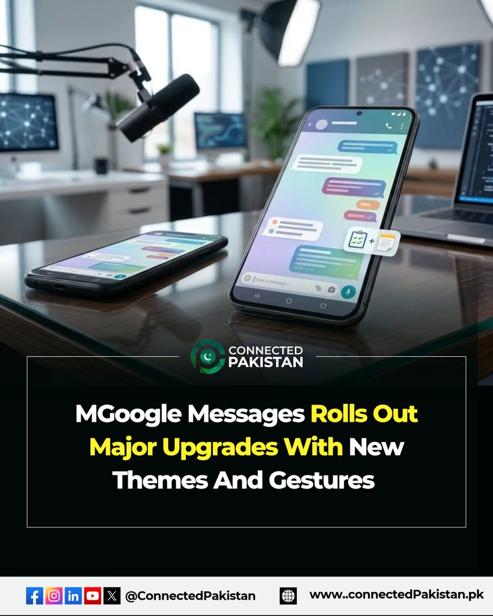 ConnectedPak's tweet photo. Google Messages is rolling out new Chat Themes, Google Keep integration, redesigned gestures, improved read receipts and expanded RCS features for Android and iPhone chats. The updates bring a more modern messaging experience. #GoogleMessages #RCS #ConnectedPakistan https://t.co/HNTvST0bdj