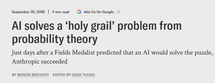 Dr_Singularity's tweet photo. wow. another one

Mathematician Benedikt Jahnel said that, if a human had solved a problem like this, it could plausibly have been Fields Medal level work 👀

AI just solved a decades old “holy grail” problem in probability theory that resisted elite mathematicians for decades

Anthropic says its AI generated a proof resolving a famous conjecture in percolation theory, the mathematics of how random local connections suddenly form large scale connected structures.

The big open question concerned dimensions 3 through 10. Mathematicians already knew the relevant phase transition was continuous in 1D, 2D, and dimensions 11+, but the middle range had remained unresolved. The new AI generated proof shows that the transition is continuous there too, filling the decades old gap. 

2022 Fields Medalist Hugo Duminil-Copin had tried and failed to solve the conjecture, then wrote in late August that it was only a matter of time before AI beat humans to it.