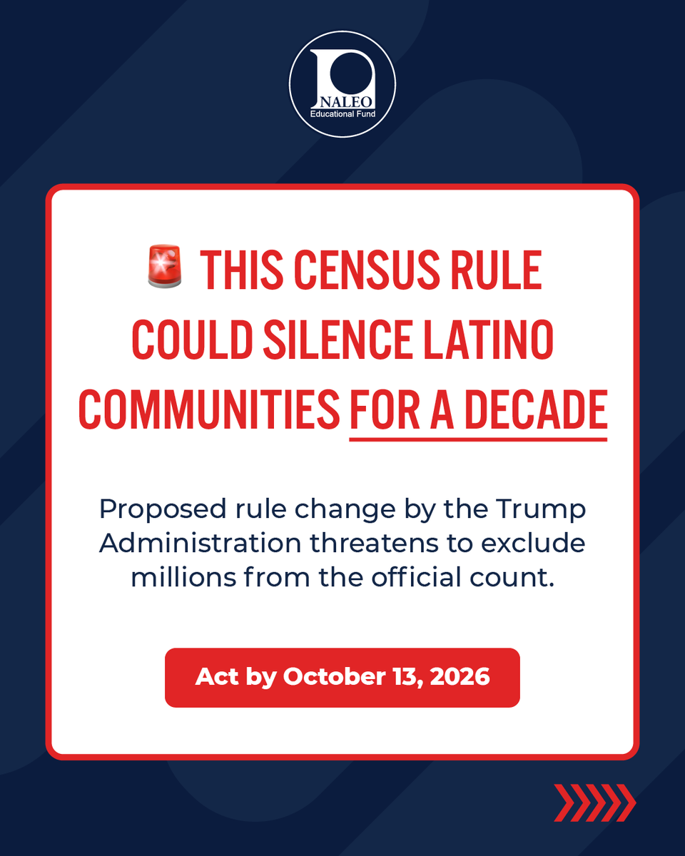 NALEO's tweet photo. 🚨 URGENT: A proposed census rule threatens to make 1 in 5 U.S. residents statistically invisible — underfunding &amp; underrepresenting Latino communities for the next decade.

$2.8 trillion in federal funds, civil rights protections, &amp; fair voting maps are on the line. 🧵👇 https://t.co/fvOQ84VqSB