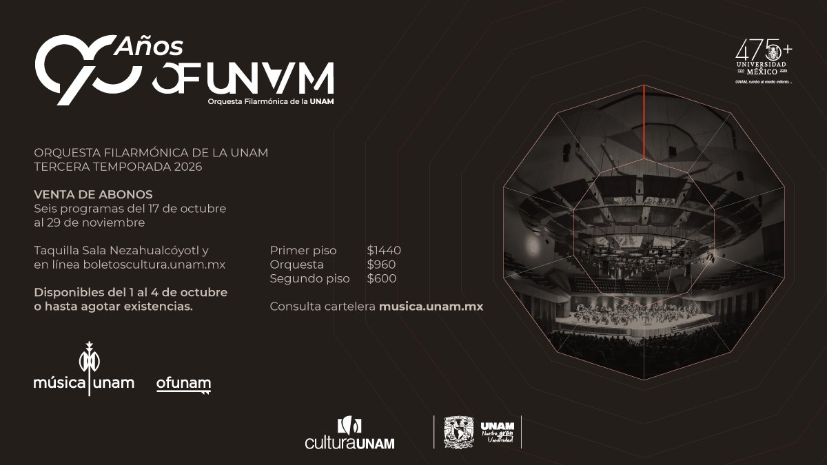OFUNAM's tweet photo. #ABONOS para acompañarnos en la Tercera temporada 2026: Incluyen 6 conciertos de temporada. Adquiérelo con el 50% de descuento directo en taquilla.

#MúsicaUNAM #CulturaUNAM @musicaunam https://t.co/R6wPiqIfIJ