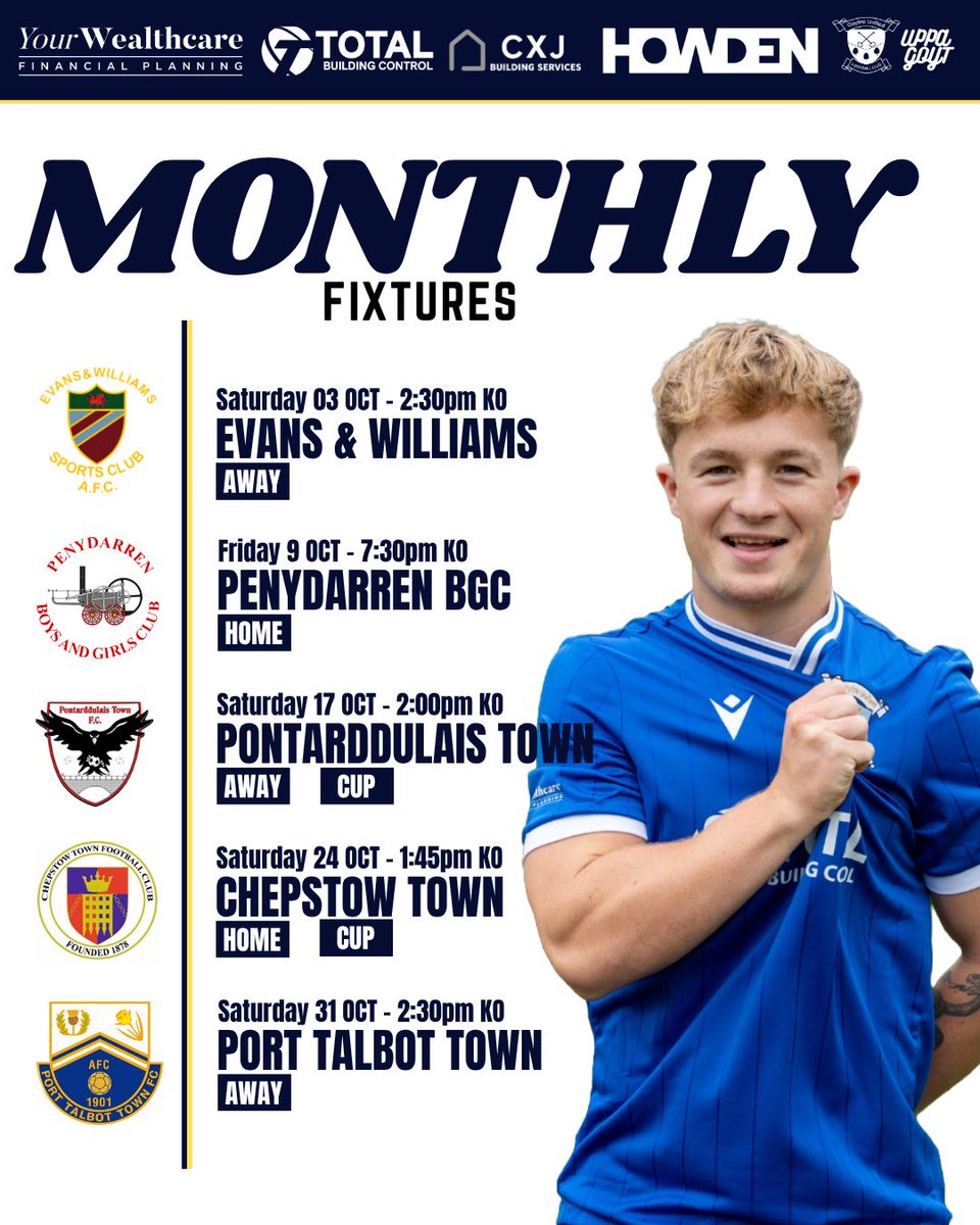 GoytreUtd's tweet photo. 📅 OCTOBER’S FIXTURES ARE HERE!

After last night’s Welsh Cup draw, we can now confirm our 1st team fixtures for the coming month👇

#UppaGoyt https://t.co/6u9JQTpjas