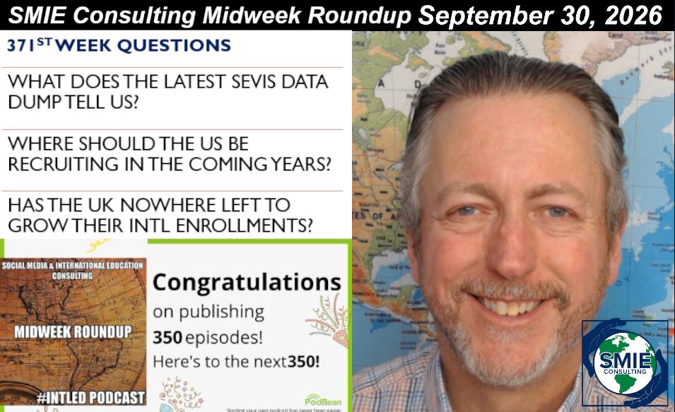 SMIEConsulting's tweet photo. This week's #MidweekRoundup #intled #livechat answers three questions: What does the latest SEVIS data dump tell us? Where should the US be recruiting in the coming years? Has the UK nowhere left to grow their intl enrollments? https://t.co/KjyoQNxzO8 https://t.co/jzVURAPJYI