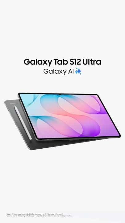 The image showcases the Samsung Galaxy Tab S12 Ultra with "Galaxy AI" branding, displayed at a tilted angle with a colorful pastel gradient on its screen. This promotional visual aligns with the post's call-to-action encouraging users to sign up to learn more about the new tablet and its AI-powered features.