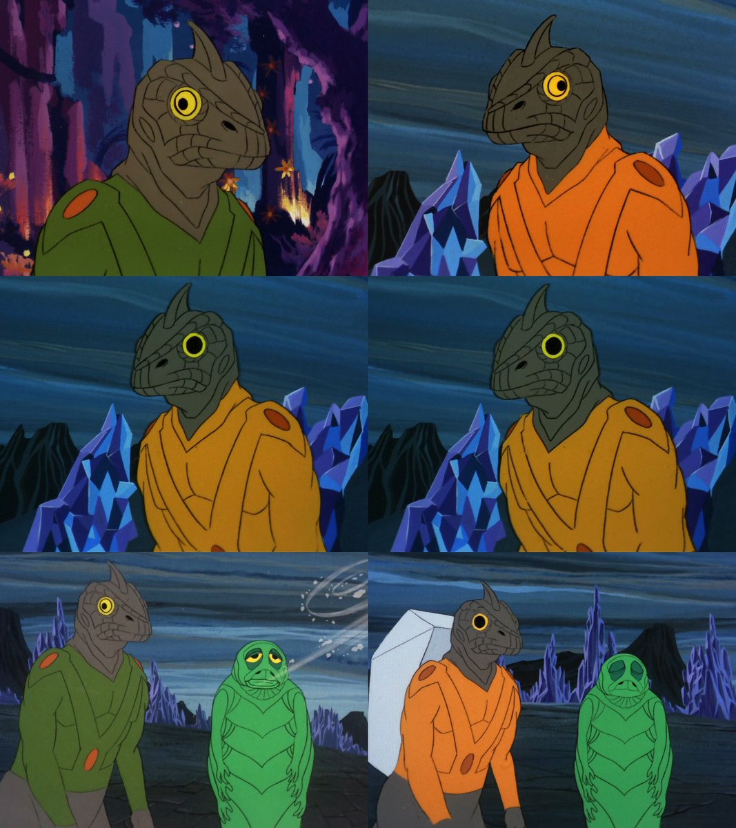 gaghyogi49's tweet photo. Not only Sord's skin colour changes several times in #StarTrekTAS' "The Jihad" but also the colour of his coat. It's yellow/orange in most scenes but appears green twice. Also notice how part of his wrinkled neck skin becomes part of the costume for one shot in the middle of the episode ⬅️. 😅