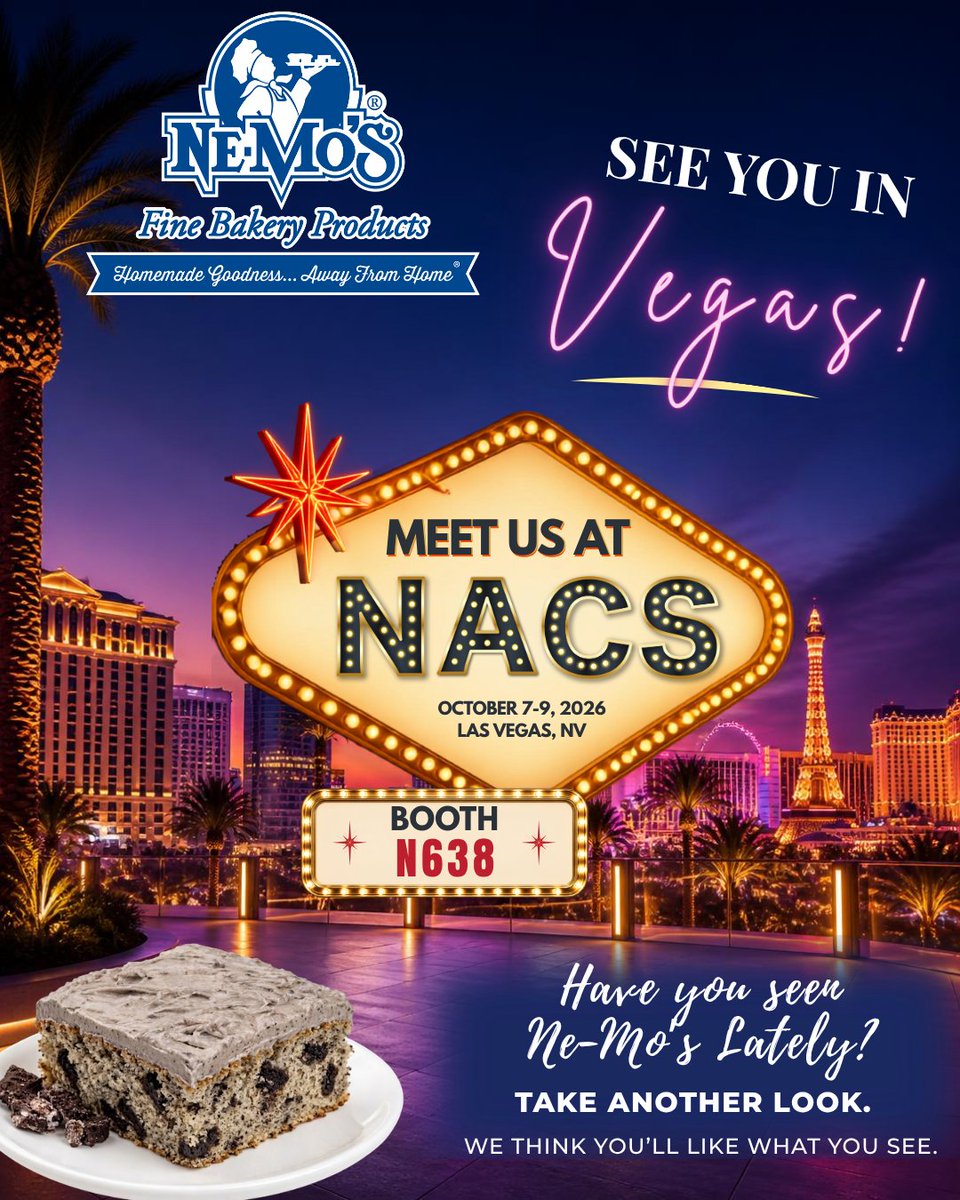 NeMosBakery's tweet photo. 👀 Have you seen Ne-Mo’s lately?

We’re headed to #NACSShow 2026 — and we’ve got plenty for you to discover.

🍰 Taste what’s new
🤝 Meet the team
✨ Take another look

📅 Oct. 7–9 | Las Vegas
📌 Booth N638

We think you’ll like what you see. 😉

#NeMosBakery https://t.co/xz5tEzVzRl