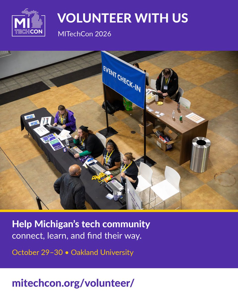 MITechCon's tweet photo. Want to help make MITechCon happen? Volunteer October 29–30 at Oakland University. Students and early-career applicants get preference. Details and application: https://t.co/2f3E1LXJqm

Know someone who might be interested? Please share. https://t.co/DNA36gVy7G