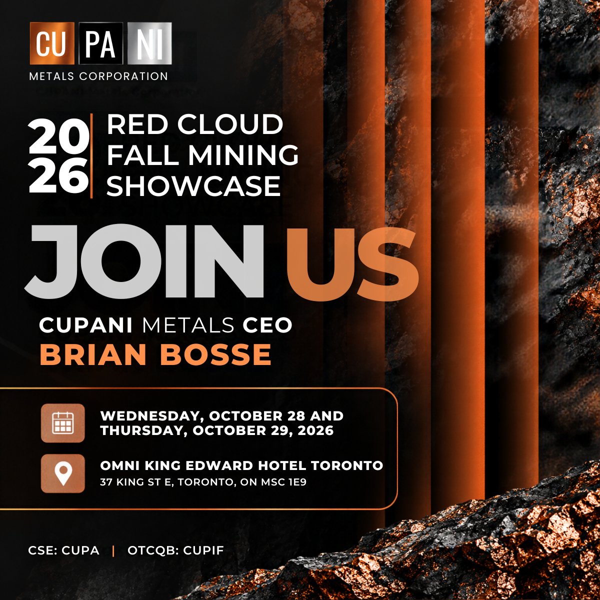 MetalsCupani's tweet photo. We’re advancing a new Cu-Ni-PGE exploration story at the 100%-owned Blue Lake Project in Quebec.

Hear more about Blue Lake and our exploration strategy from CEO Brian Bosse at @RedCloudFS' Fall Mining Showcase 2026.

📅 October 28 & 29
📍 Omni King Edward Hotel, Toronto
Register now: https://t.co/nSxYPXXSoO

$CUPA $CUPIF