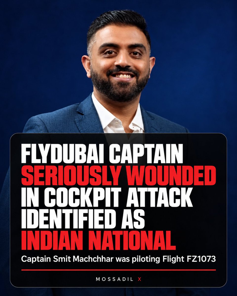MOSSADil's tweet photo. 🚨 FLYDUBAI CAPTAIN SERIOUSLY WOUNDED IN COCKPIT ATTACK IDENTIFIED AS INDIAN NATIONAL

The flydubai captain seriously wounded during the mid-air cockpit attack identified as Indian national Smit Machchhar.

Machchhar was piloting Flight FZ1073 from Dubai to Tel Aviv when his Omani copilot allegedly stabbed him during a violent struggle. The aircraft later made an emergency landing in Tabuk, Saudi Arabia.

Flydubai said earlier that “all passengers are safe and accounted for” and that “the safety and wellbeing of our passengers and crew remain our highest priority.”

Please pray for this hero’s full recovery! ❤️‍🩹 🙏