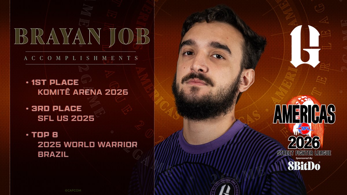 CapcomFighters's tweet photo. The @2GAMEFGC roster rounds out with @BrayanJob1.

He's back for another Street Fighter League season, and ready to take on #SFLAMERICAS2026.

Season kicks off October 23. https://t.co/U0iGOkHewe