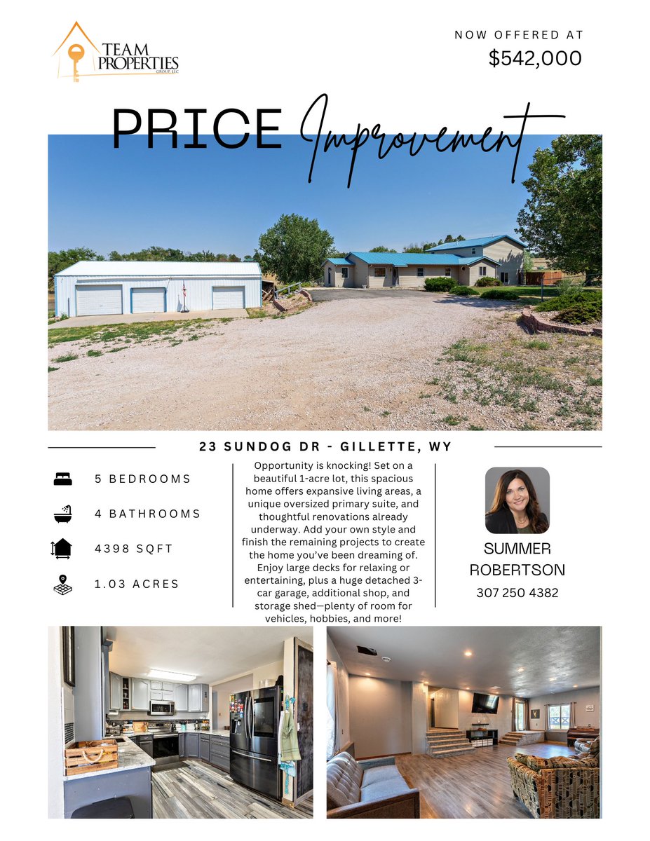 SRteamTPG's tweet photo. NOW $542,000! 1 Acre + renovations underway + huge decks + oversized primary suite + detached 3 car garage + shop = room to make this property your own! 📍23 Sundog Dr #GilletteWY 👉 https://t.co/ibJAnLT7ij

Summer Robertson, Team Properties Group, 307.250.4382 #homesforsale https://t.co/TU8rxYFFoB