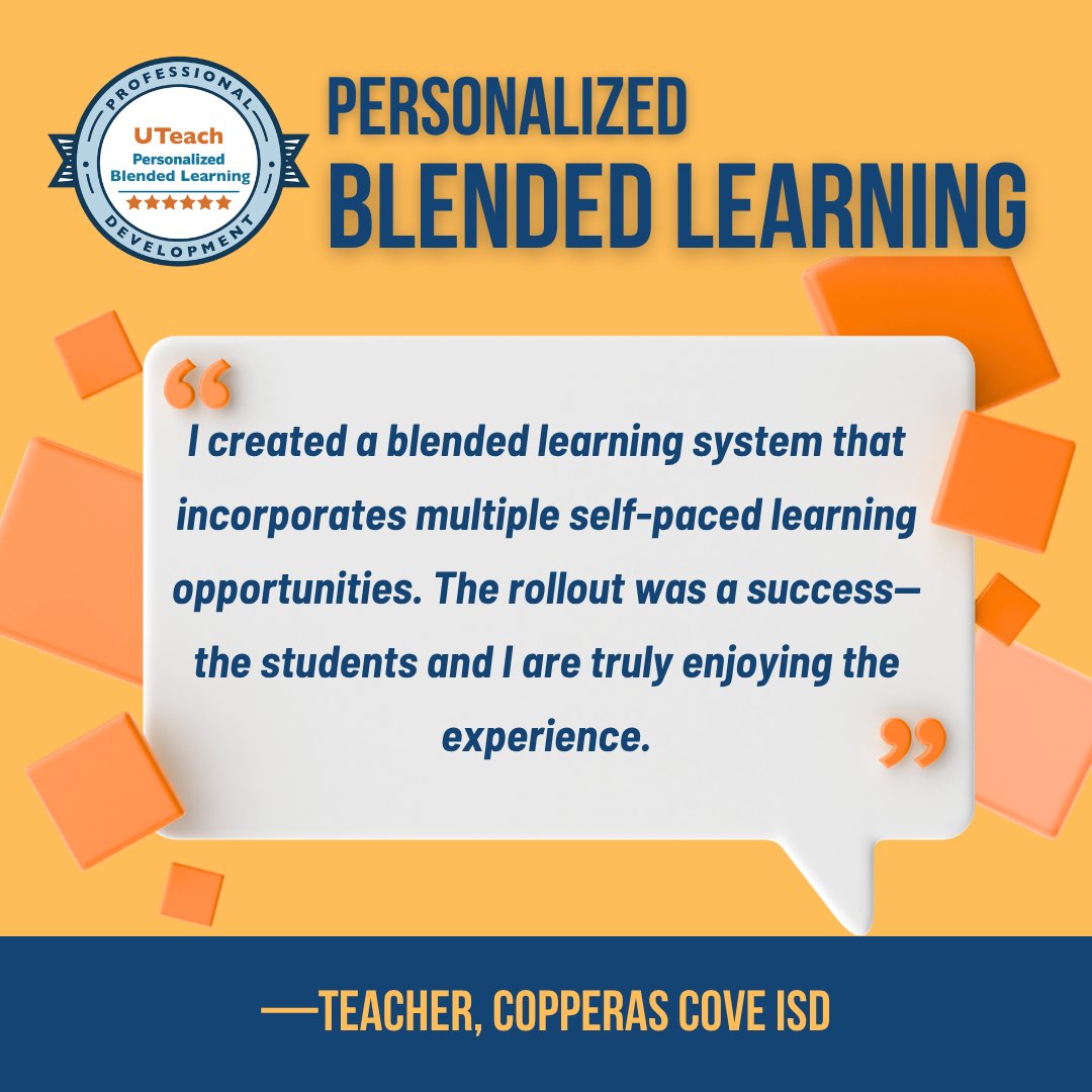 UTeachPD's tweet photo. "I created a blended learning system that incorporates multiple self-paced learning opportunities The rollout was a success—the students and I are truly enjoying the experience."
–Teacher, Copperas Cove ISD

🌟Learn more about this course and others at https://t.co/HnRh1cHchV https://t.co/42XDqBbnoU
