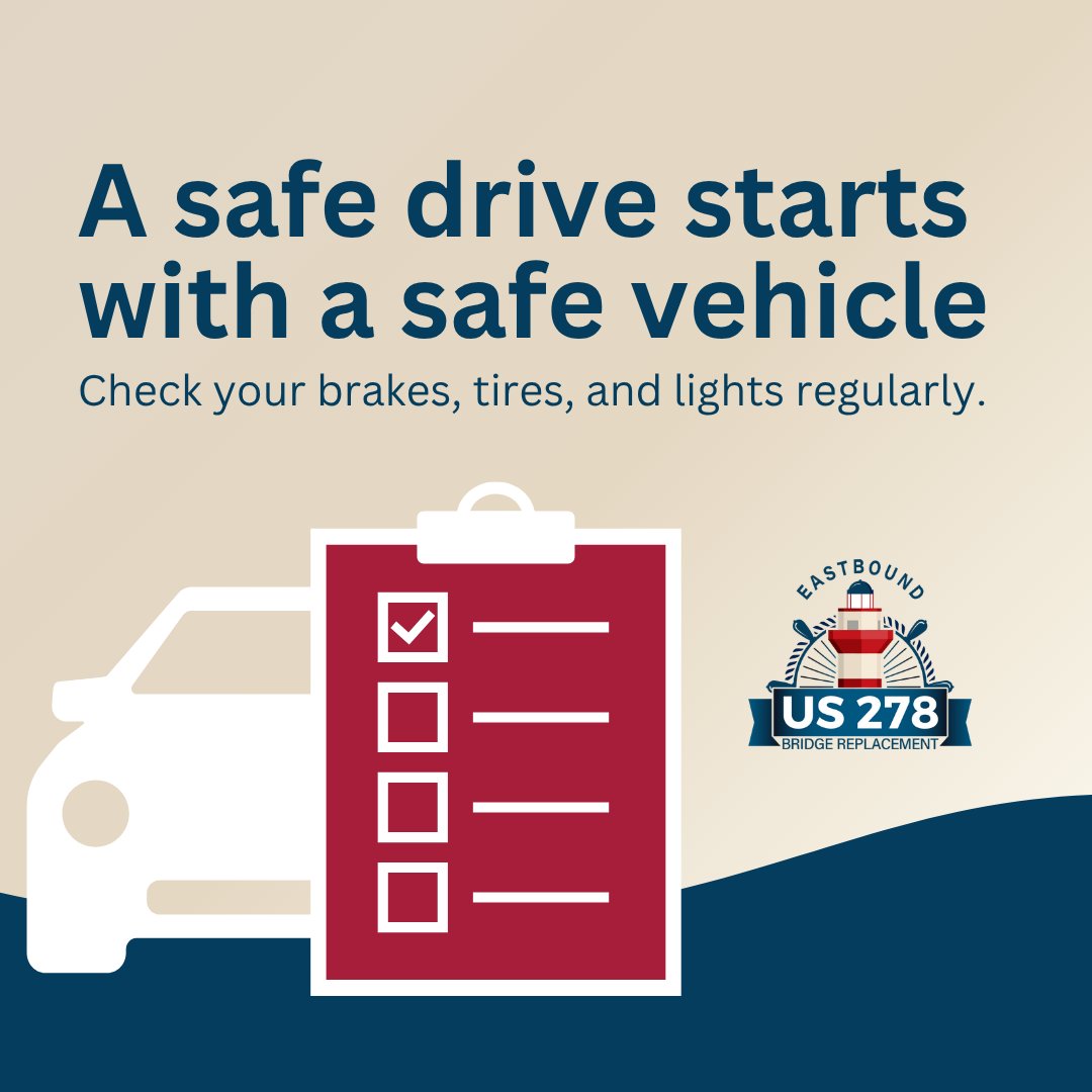 scdot278's tweet photo. Regularly checking your vehicle’s tires, brakes, and lights can help prevent breakdowns and improve safety for everyone on US 278. Take a few minutes to inspect your vehicle before your next trip.
#US278 #HiltonHeadIsland #Bluffton https://t.co/NiF3gVlM6A