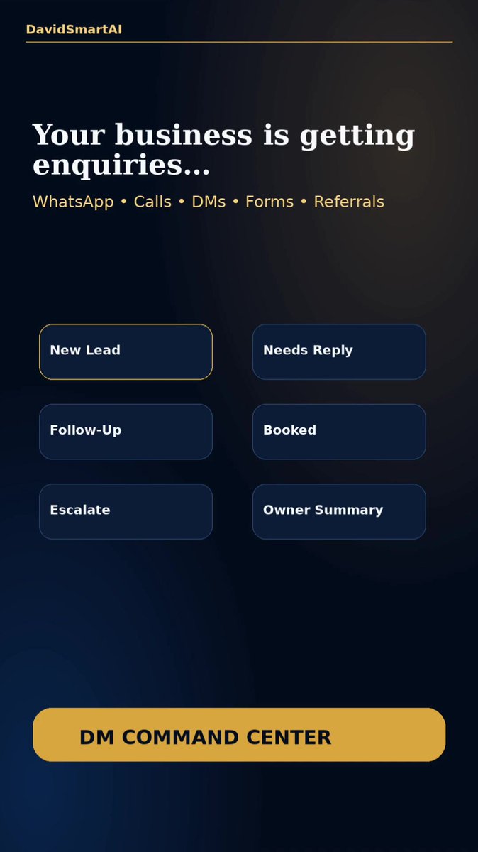 davidsmartai's tweet photo. Business enquiries are often scattered across WhatsApp, calls, DMs, forms, and referrals.

The problem is visibility.

Who asked? What do they need? Who needs follow-up? What should be escalated?

That’s where an AI-powered command center becomes useful.

DM “COMMAND CENTER”. https://t.co/8Aj9hx73Nl