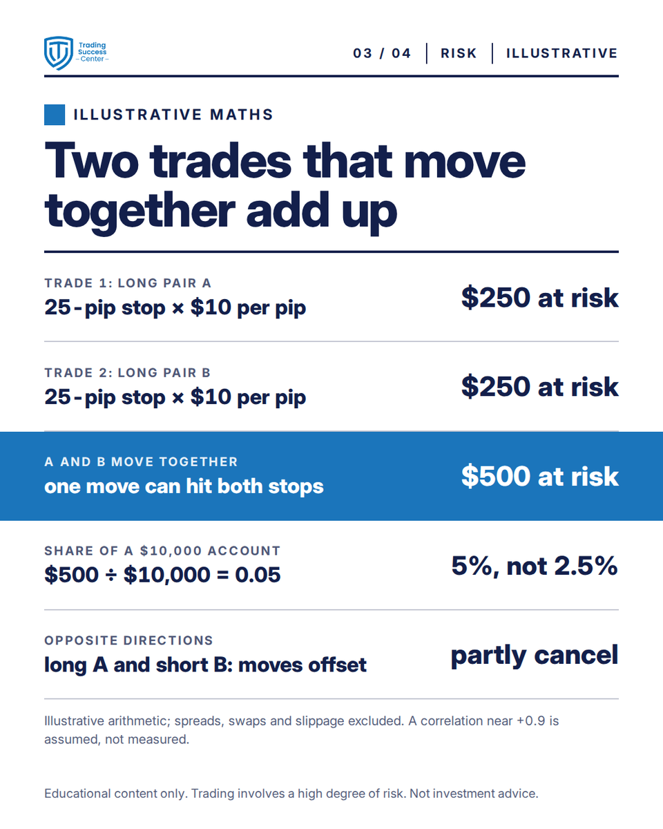 TradeSuccessCen's tweet photo. Lesson 📐 two open trades on pairs that move together are one bet in disguise: risk $250 on each and one move can take $500. Illustrative maths inside 👇
#Trading101

Educational content only. Trading involves a high degree of risk. Not investment advice. https://t.co/lgEJlK3HNI