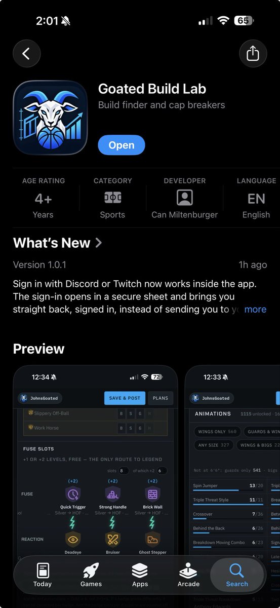 JohnsGoated's tweet photo. And also, my app now officially shows up in the App Store by searching for it, which, holy shit my app shows up first if you type in “goated” that’s so fucking insane lmao. (Yes that’s my real name, it’s pronounced like John that’s why I use it everywhere) https://t.co/kFuFYDtMeo