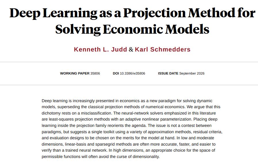 nberpubs's tweet photo. Deep learning methods are projection methods, and merging their key features will produce better solution methods, from Kenneth L. Judd and Karl Schmedders https://t.co/Jw9a477uj2 https://t.co/x1D333ujrb