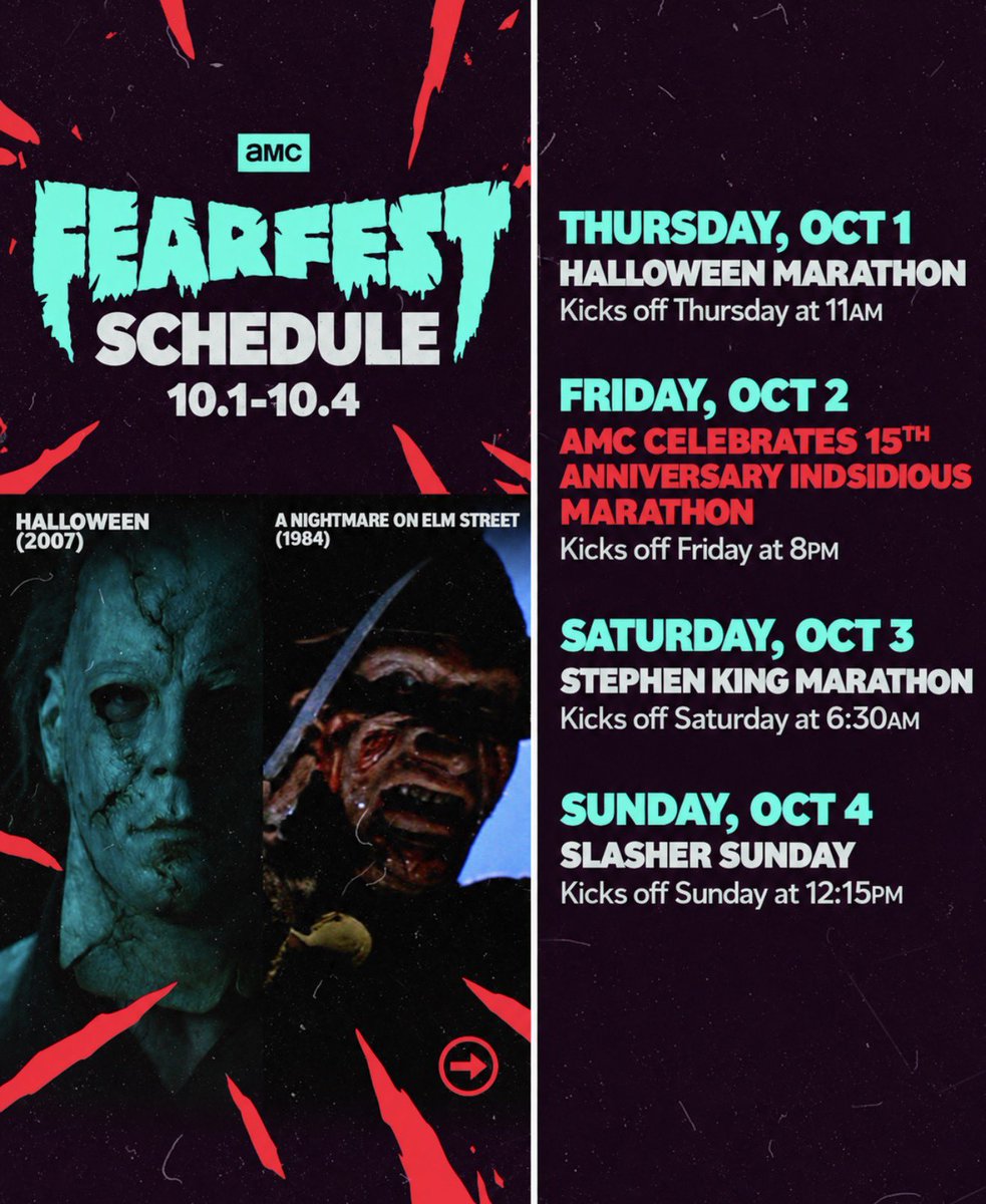 HalloweenVerse's tweet photo. 🚨 AMC FearFest is starting off it’s 30th anniversary tomorrow with a Halloween Kickoff Marathon all day long 🔪 
#FearFest #Halloween https://t.co/PvlWu7XZhh
