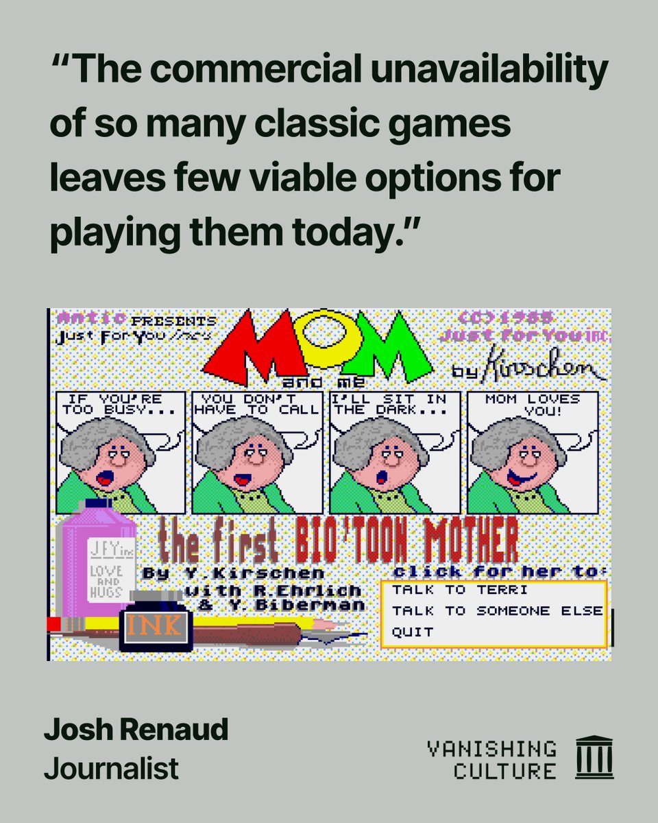 internetarchive's tweet photo. Some software disappears simply because nobody thought to save it. Old games and programs can vanish even when they once made headlines, leaving only scattered disks and memories behind. 💾

Journalist Josh Renaud recounts the effort to recover obscure software and preserve it through the Internet Archive. 🖥️

📚 Renaud’s "Recovering Lost Software" appears in the pages of VANISHING CULTURE from the Internet Archive.

📖 Download & read, FREE:
https://t.co/jTjbldei7r

#BookTwitter
