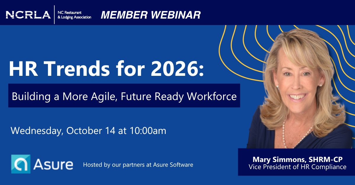 NCRLA's tweet photo. Mark your calendars! 🗓️

HR Trends for 2026: Building a More Agile, Future-Ready Workforce.

📆 Wednesday, Oct. 14 | 🕙 10 a.m.
🎤 Featuring Mary Simmons, VP of HR Compliance at Asure Software

🔗 Register today: https://t.co/Wz1ffqR0fQ

#NCRLA #HRTrends #HospitalityWorkforce https://t.co/CzUgPFXeor