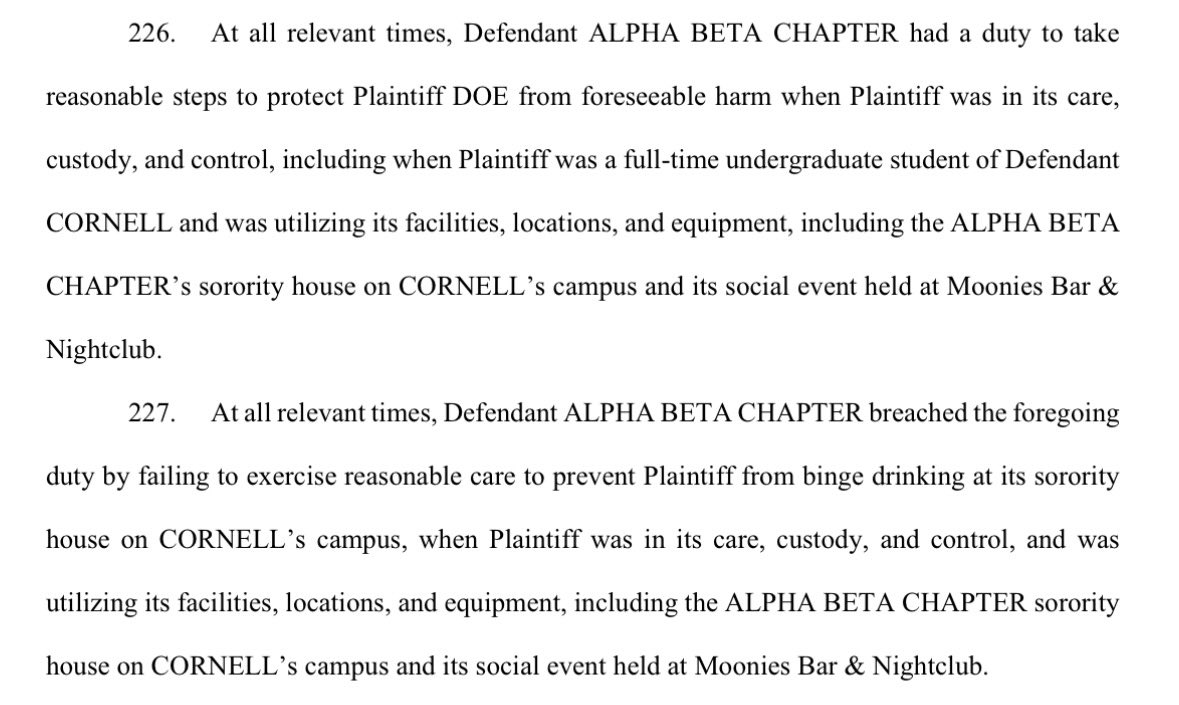 LBR4567's tweet photo. One particular part that bothers me about the Cornell lawsuit is she is suing her sorority for not preventing her from binge drinking while under their “care, custody, and control.” Bizarre that an adult can sue someone else for not stopping them from making their own choice. https://t.co/bpzM9EUbTw