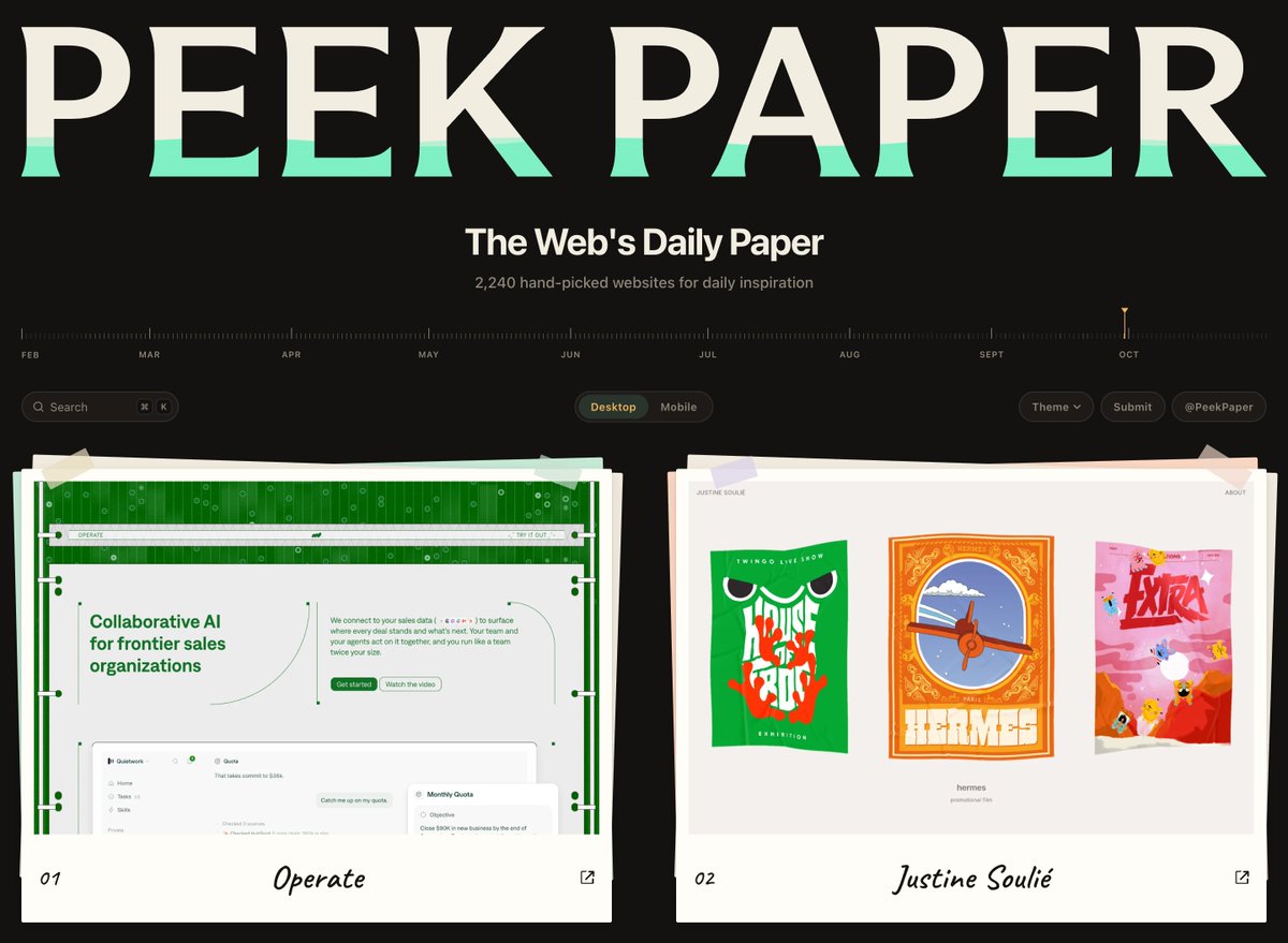 peekpaper's tweet photo. ✅ PEEK No. 189  
🚀 2,240 hand-picked websites  
👉 https://t.co/Qv7GLeKjAK   

Follow for fresh daily inspiration. https://t.co/u4LkTqWuX4