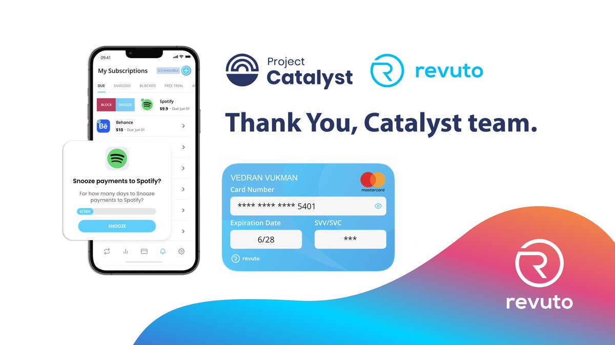get_revuto's tweet photo. In September, Revuto submitted the final report for the @Catalyst_onX  Project ID1200196, F12: Cardano Use Cases: Product, to bring Virtual Debit Cards for Subscription payments to the Revuto app and allow users to pay subscriptions (top-up Cards) with $ADA or other @Cardano tokens. Now, we're waiting for the approval and withdrawal of the remaining funds approved by the Catalyst team.