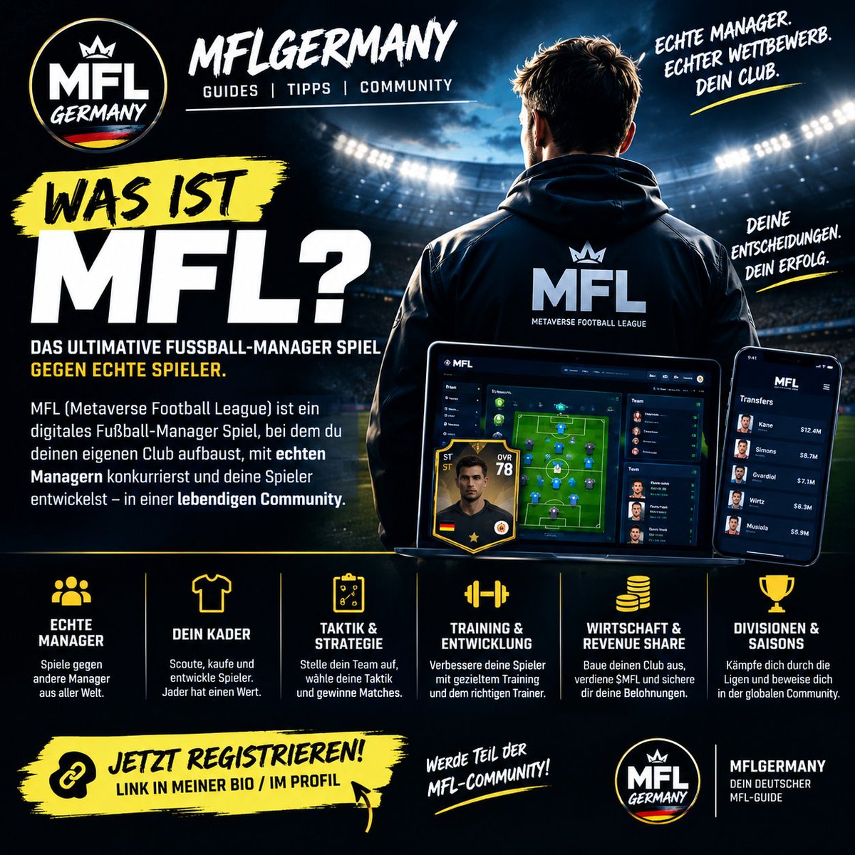 MFLGermany's tweet photo. ⚽ Baue deinen eigenen Club
🧠 Entscheide über Kader &amp; Taktik
📈 Entwickle deine Spieler
💰 Manage Transfers &amp; Club-Wirtschaft
🏆 Spiele gegen Manager aus aller Welt

👉 Du willst selbst starten? Link in meinem Profil.

#MFL #MFLGermany #FootballManager #Web3Gaming https://t.co/1LYvLXen7F