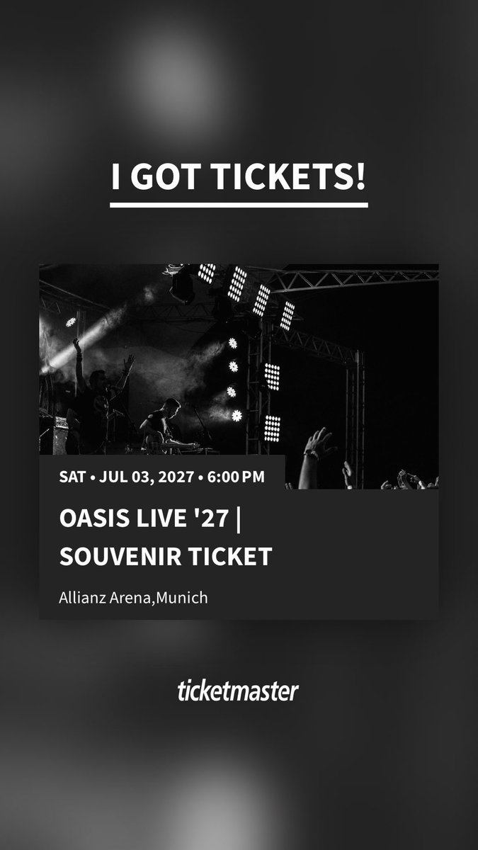 RubenJBrachoM's tweet photo. I got tickets for Oasis Live '27 | Souvenir Ticket - Allianz Arena - Sat • Jul 03, 2027 • 6:00 PM. Who's in?

https://t.co/c16vtWN55g https://t.co/ltHUcrlLbv