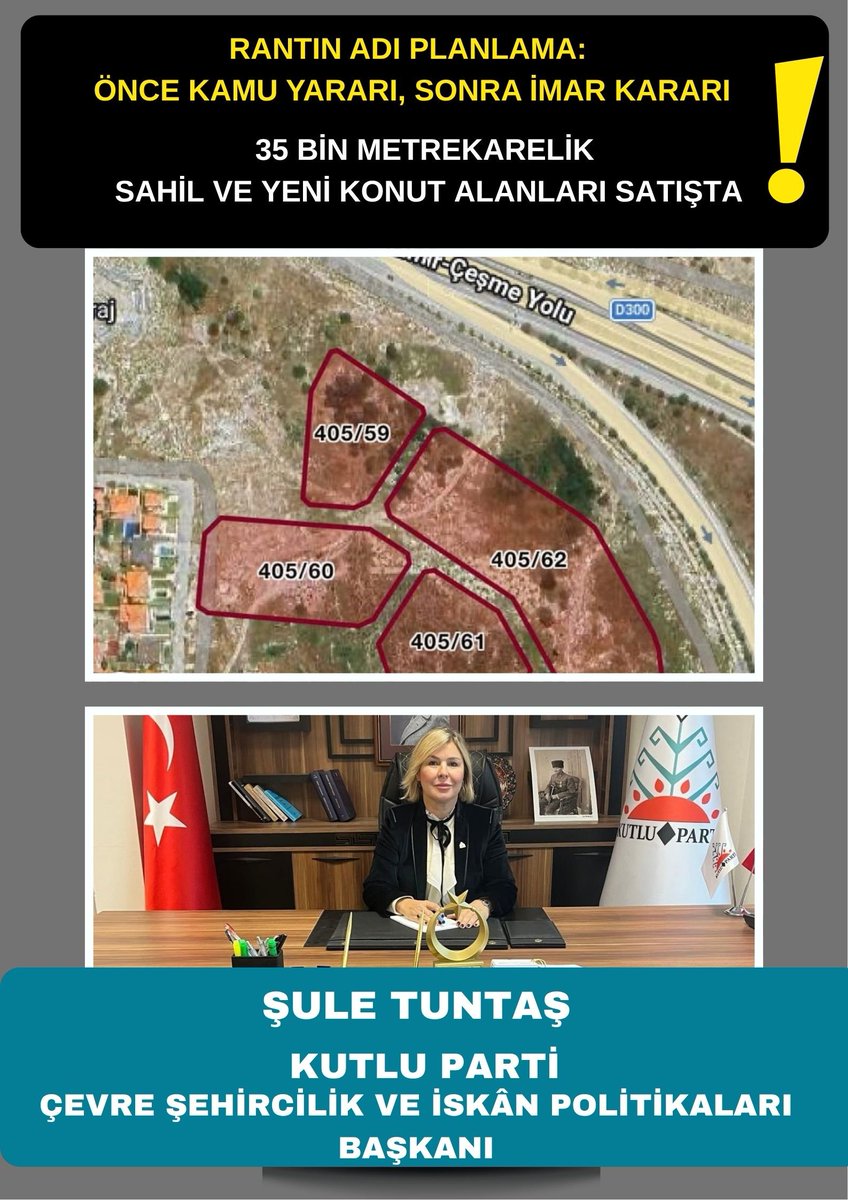 kutlupartiresmi's tweet photo. Çeşme’de Kıyı Yağmasına Dur Dendi! Kutlu Parti’den Alaçatı Satışına Sert Tepki: "Mesele Sadece Arazi Değil, Geleceğimizdir!"

Kutlu Parti Çevre, Şehircilik ve İskan Politikaları Başkanı Şule Tuntaş, İzmir’in Çeşme ilçesine bağlı Alaçatı bölgesinde bulunan değerli Hazine arazilerinin satışa çıkarılmasıyla ilgili yazılı bir açıklama yaptı. Tuntaş, satışa konu alanların Alaçatı’nın kıyısı, turizm yapısı ve doğal çevresi açısından büyük önem taşıdığına dikkat çekerek kamu yararı uyarısında bulundu.

35 BİN METREKARELİK SAHİL VE YENİ KONUT ALANLARI SATIŞTA

Satışa çıkarılan taşınmazlara ilişkin detayları paylaşan Tuntaş, Alaçatı Turizm Merkezi sınırları içerisinde yer alan, Babür Koyu ile Piyade Koyu’na cepheli ve üzerinde halihazırda Kali Beach Club’ın bulunduğu denize sıfır 35.336,93 metrekarelik Hazine arazisinin yanı sıra; ikinci etap kapsamında gelişme konut alanında kalan ve yapılaşma hakkı bulunan 24.341 metrekarelik bir alanın da satışta olduğunu belirtti. Bu durumun bölgede yeni konut projelerini gündeme getireceğini ifade etti.

"SADECE BİR PARSEL DEĞİL, ÇEŞME’NİN GELECEĞİ SÖZ KONUSU"

Söz konusu arazilerin sadece tek bir parselden ibaret olmadığını vurgulayan Tuntaş, açıklamasında şu ifadelere yer verdi:
"Böylesine değerli bir kamu arazisi satışa çıkarılırken kamu yararı nasıl korunacaktır? Bu arazinin imar hakkı ne olacak? Emsal kaç? Kaç kat yapılaşma olacak? Toplam kaç metrekare inşaat yapılabilecek? Turizm tesisinin kapasitesi ne olacak? Kıyı ve doğal alanlar nasıl korunacak? Bunların açıkça ortaya konulması gerekmektedir. Çünkü mesele sadece 35 bin metrekarelik bir arazinin satılması değildir. Asıl mesele; Çeşme’nin kıyılarının, doğal değerlerinin ve kamuya ait arazilerinin geleceğinin nasıl planlanacağıdır."

"RANT YERİNE PLANLAMA: ÖNCE KAMU YARARI, SONRA İMAR KARARI"

Şeffaf bir planlama ve süreç yürütülmesi gerektiğini belirten Tuntaş, kıyıların ve kamu arazilerinin yalnızca bugünkü ekonomik değeri üzerinden değerlendirilmemesi gerektiğinin altını çizdi. Tuntaş, planlama ilkeleri ile gelecek nesillerin haklarının gözetilmesinin şart olduğunu vurgulayarak, "Unutmayalım ki güzel ülkemizin her karış toprağı hepimizin meselesidir. Bugün ihalenin son günüydü, bakalım kimler hak etti!" ifadeleriyle sürecin takipçisi olacaklarını belirtti.

KUTLU PARTİ 
Çevre Şehircilik ve İskan Politikaları
Genel Başkan Yardımcısı
Sule Tuntas 

#İzmir #Çeşme #Alaçatı #rant #yolsuzluk #Çevre #kutluparti #türkiye