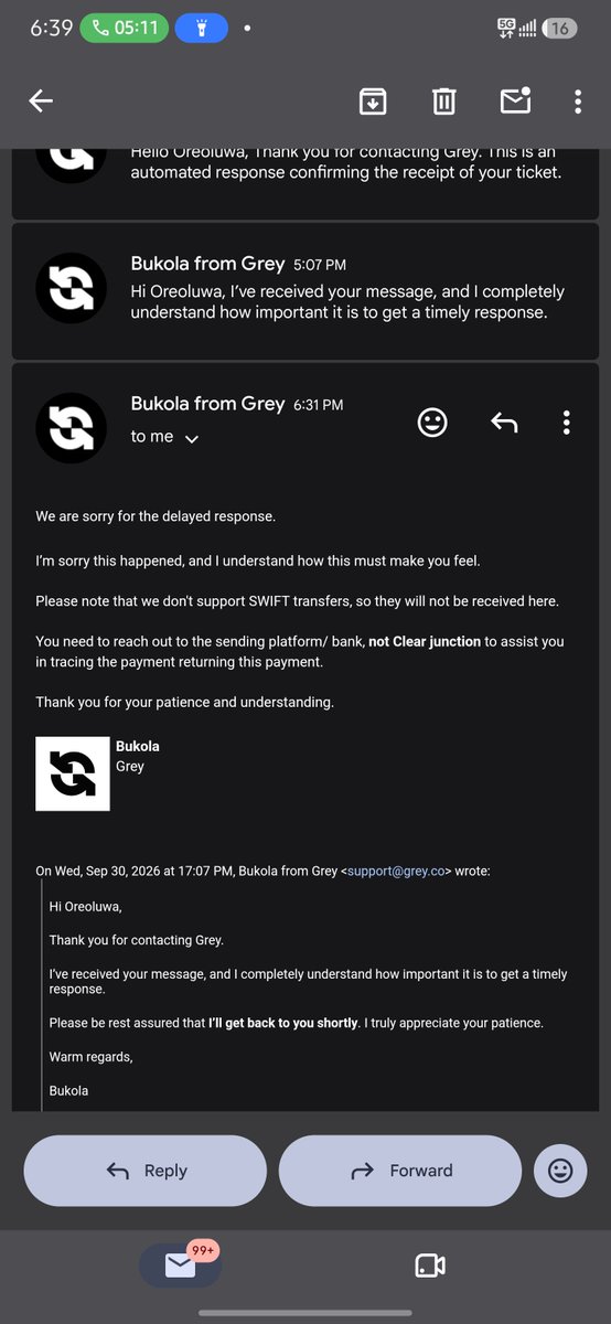 reoxt_edit's tweet photo. @greyfinance Your customer care team is a complete joke. After escalation, "Bukola from Grey" just sent an email telling me to contact the sending bank to trace a "returning payment" and stated "not Clear Junction."
Bukola, READ THE TICKET. The sending bank (Emirates NBD) already https://t.co/AvllYd19GQ