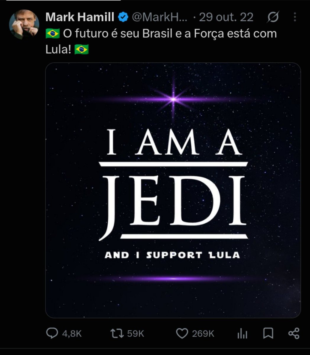 alukelipse's tweet photo. Esse tweet fica ainda melhor quando você sabe oq o Mark Hamil (Luke skywalker) pensa sobre o lula https://t.co/zRt0wk8TtA
