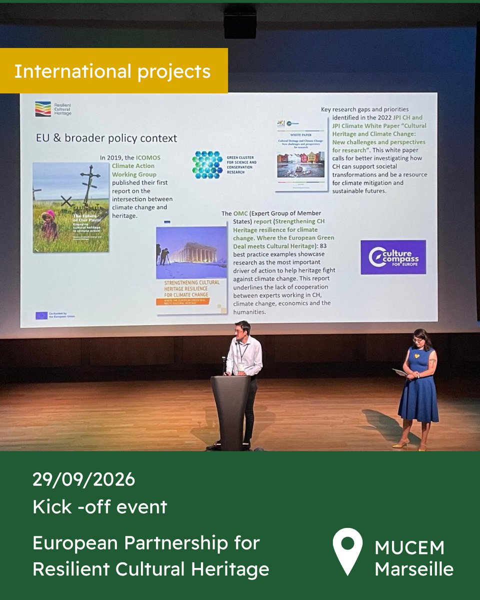 ICOMOS's tweet photo. INTERNATIONAL PROJECTS | Launch of the European Partnership for Resilient Cultural Heritage (RCH)
Yesterday, 29 September 2026, the ICOMOS members contributing to the RCH project were present in Marseille for the official launch event of the project.

🎙️The event took place at the MUCEM Museum in Marseille with institutional addresses from Marie-Charlotte Calafat, Chief Heritage Curator and Director of Collections and Research, Musée des civilisations de l’Europe et de la Méditerranée; Isabelle Pallot-Frossard, President, Fondation des sciences du patrimoine; Glenn Micallef, Commissioner “Intergenerational Fairness, Youth, Culture and Sport”, European Commission ; Pilar Aguar, Director “People: Health and Society”, Directorate-General Research and Innovation, European Commission; Sylvie Gangloff, Cluster 2 NCP, Ministry of Higher Education, Research and Space.

It was followed by a day of Keynote speaches and roundtables in relations to the RCH project.

🔸 Learn more about the project on our wbesite: https://t.co/JUJTqgu7lU

#ICOMOS #RCH #Internationalprojects #climatechange