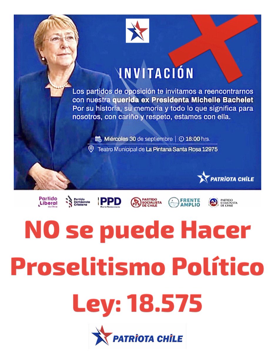 Soubirous_33's tweet photo. 🔴 #URGENTE | Patriotas, El uso del teatro municipal de La Pintana para hacer proselitismo político liderado por Voriz y sus Secuaces en homenaje a FRACASADA Bachelet, está prohibido. Ver ley 18.575. ¡Se Viene DEMANDA! RT @PCdeChile @elfrente_amplio @SocialistaChile @mbachelet https://t.co/rQoPvViU9K