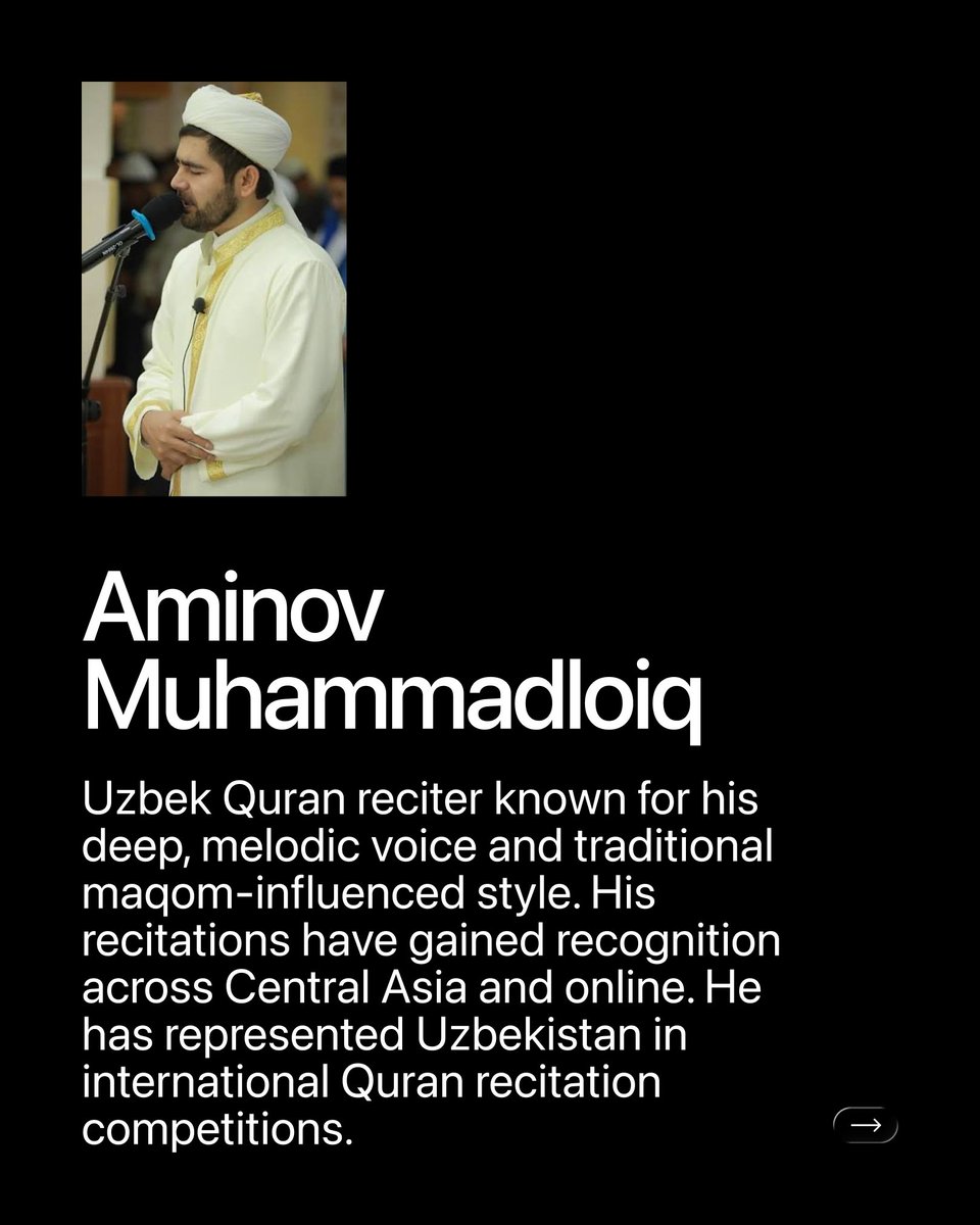 quranifyapp's tweet photo. Muhammadloiq Aminov 🇺🇿 is a respected Quran reciter from Uzbekistan, widely admired for his deep, melodic voice and preservation of traditional maqom-style recitation.

His heartfelt recitations and nasheeds have gained recognition across Muslim communities, especially through social media and digital platforms where his recordings are widely shared. Known for his emotional delivery and strong spiritual atmosphere, his voice resonates deeply with listeners during prayer and reflection.

Over the years, he has represented Uzbekistan in international Quran recitation competitions and has been invited to lead Taraweeh prayers during Ramadan in various countries. Through his unique recitation style and dedication to the Quran, he continues to inspire Muslims both in Central Asia and around the world.

Listen to his beautiful recitation on Quranify🤍