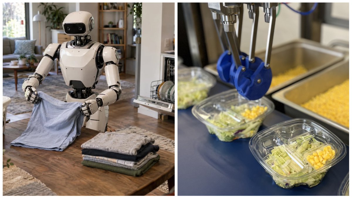 ChefRobotics's tweet photo. Will generalist robots replace specialized ones?

We think there's room for both.

Consider this: Costco sells a bit of everything, but if you're renovating your kitchen, you don't go to Costco. You go to Home Depot for specialized tools, materials, and expertise. Similarly, in physical AI, the ability to perform many tasks doesn't automatically make a robot the best solution for every industry.

For example, in food manufacturing, workers on the production line perform only one to three different tasks per day.

𝗙𝗼𝗼𝗱 𝗺𝗮𝗻𝘂𝗳𝗮𝗰𝘁𝘂𝗿𝗲𝗿𝘀 𝗻𝗲𝗲𝗱 𝗿𝗼𝗯𝗼𝘁𝘀 𝘁𝗵𝗮𝘁 𝗱𝗲𝗹𝗶𝘃𝗲𝗿:
→ High throughput to keep up with production
→ Accurate portions and placement
→ Reliable operation throughout a shift
→ Reduced spillage and ingredient waste

Beyond these tasks, a robot that can also fold laundry adds little value to a food manufacturer if that flexibility comes at the expense of throughput, reliability, or yield savings.

𝗪𝗵𝗲𝗿𝗲 𝗴𝗲𝗻𝗲𝗿𝗮𝗹𝗶𝘇𝗮𝗯𝗶𝗹𝗶𝘁𝘆 𝗺𝗮𝘁𝘁𝗲𝗿𝘀 𝗶𝗻 𝘀𝗽𝗲𝗰𝗶𝗮𝗹𝗶𝘇𝗲𝗱 𝗱𝗼𝗺𝗮𝗶𝗻𝘀
Food manufacturers need robots that adapt to different ingredients, portion sizes, trays, compartments, and conveyors while maintaining production speed and reliability.

At Chef, we call this "domain generalizability." On customer lines running at 30 to 45 trays per minute, handling that variability consistently matters more than performing unrelated tasks.

𝗢𝘂𝗿 𝘃𝗶𝗲𝘄
General-purpose robots make sense in the home, where one system may need to prepare food, fold laundry, and pick up toys. Taking longer to complete a task may be acceptable. On a production line, slower performance reduces output and affects ROI.

We believe industrial robotics will scale industry by industry, with systems that generalize within each domain and meet its throughput, quality, and reliability requirements.

Read more in our latest blog: https://t.co/opOeGLgEiw

#PhysicalAI #Robotics #FoodManufacturing #Generalizedmodels #Worldmodels