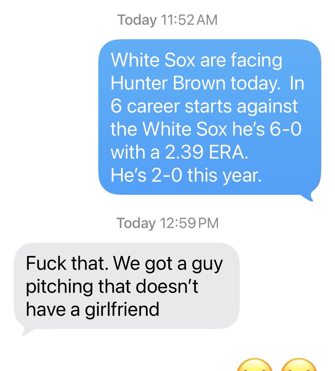 HogesinCary's tweet photo. Great reaction of my text to a buddy about the pitcher the #WhiteSox are facing today.
#whynotus https://t.co/28EB1PsHT8