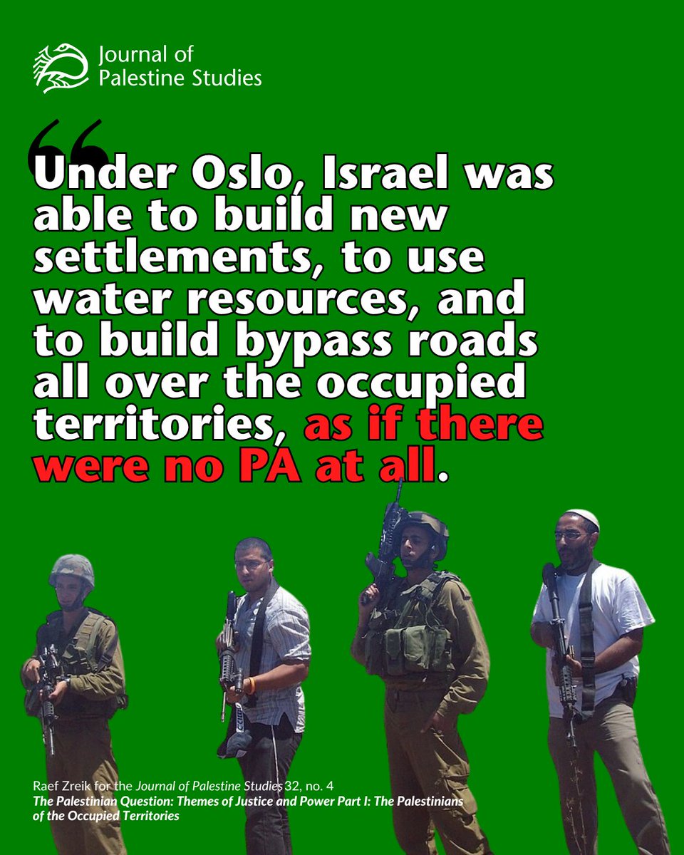PalStudies's tweet photo. The Oslo Accords were infamously disastrous for Palestinian liberation and continue to haunt every aspect of life in Palestine today. Edward Said famously denounced the 1993 agreement as a "Palestinian Versailles" that amounted to a capitulation of national rights.

Under Oslo, the Palestinian Authority became “a guarantor of Israeli security” protecting Israeli settlements from Palestinians rightfully protesting the continuous theft of their land.

In 2003, Raef Zreik wrote that for many Palestinians, their “case is so unambiguously just, their claims and rights so unassailable under any standard of justice and international law, that virtually any concession is like cutting into flesh and bone.”

Read the full piece via the Journal of Palestine studies: https://t.co/SnGYTuGdAx
