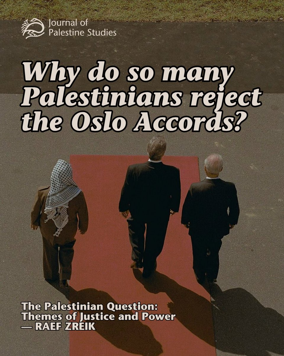 PalStudies's tweet photo. The Oslo Accords were infamously disastrous for Palestinian liberation and continue to haunt every aspect of life in Palestine today. Edward Said famously denounced the 1993 agreement as a "Palestinian Versailles" that amounted to a capitulation of national rights.

Under Oslo, the Palestinian Authority became “a guarantor of Israeli security” protecting Israeli settlements from Palestinians rightfully protesting the continuous theft of their land.

In 2003, Raef Zreik wrote that for many Palestinians, their “case is so unambiguously just, their claims and rights so unassailable under any standard of justice and international law, that virtually any concession is like cutting into flesh and bone.”

Read the full piece via the Journal of Palestine studies: https://t.co/SnGYTuGdAx