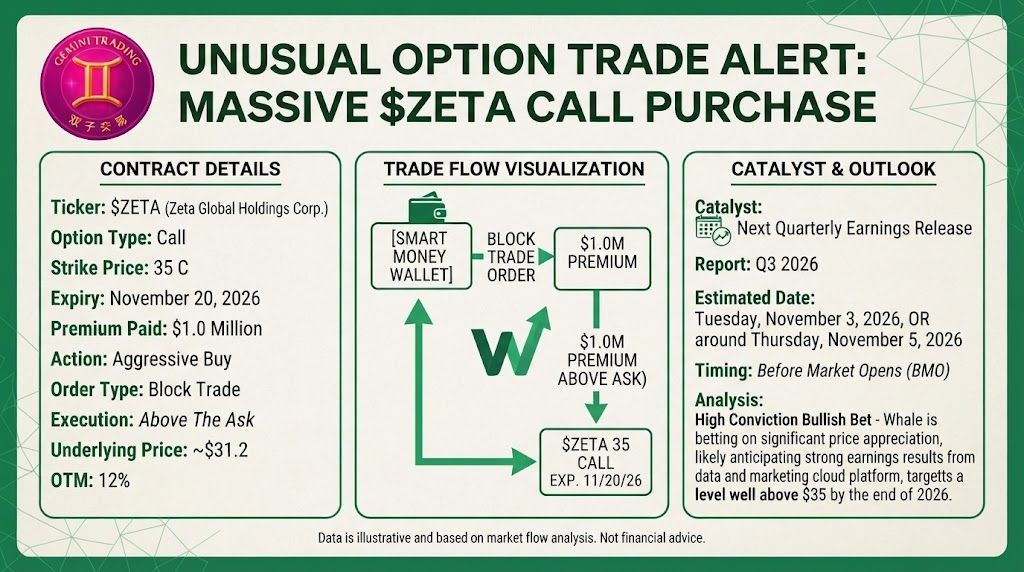 📊 Print #51: $ZETA 🧵
💰 THE PRINT:
Nov 20 '26 $35 CALL
$1.0M premium ABOVE ask.
Underlying ~$31.2.
OTM: 12% claimed → 12.18% recomputed. ✅
🗓️ DATES:
Expiry: 