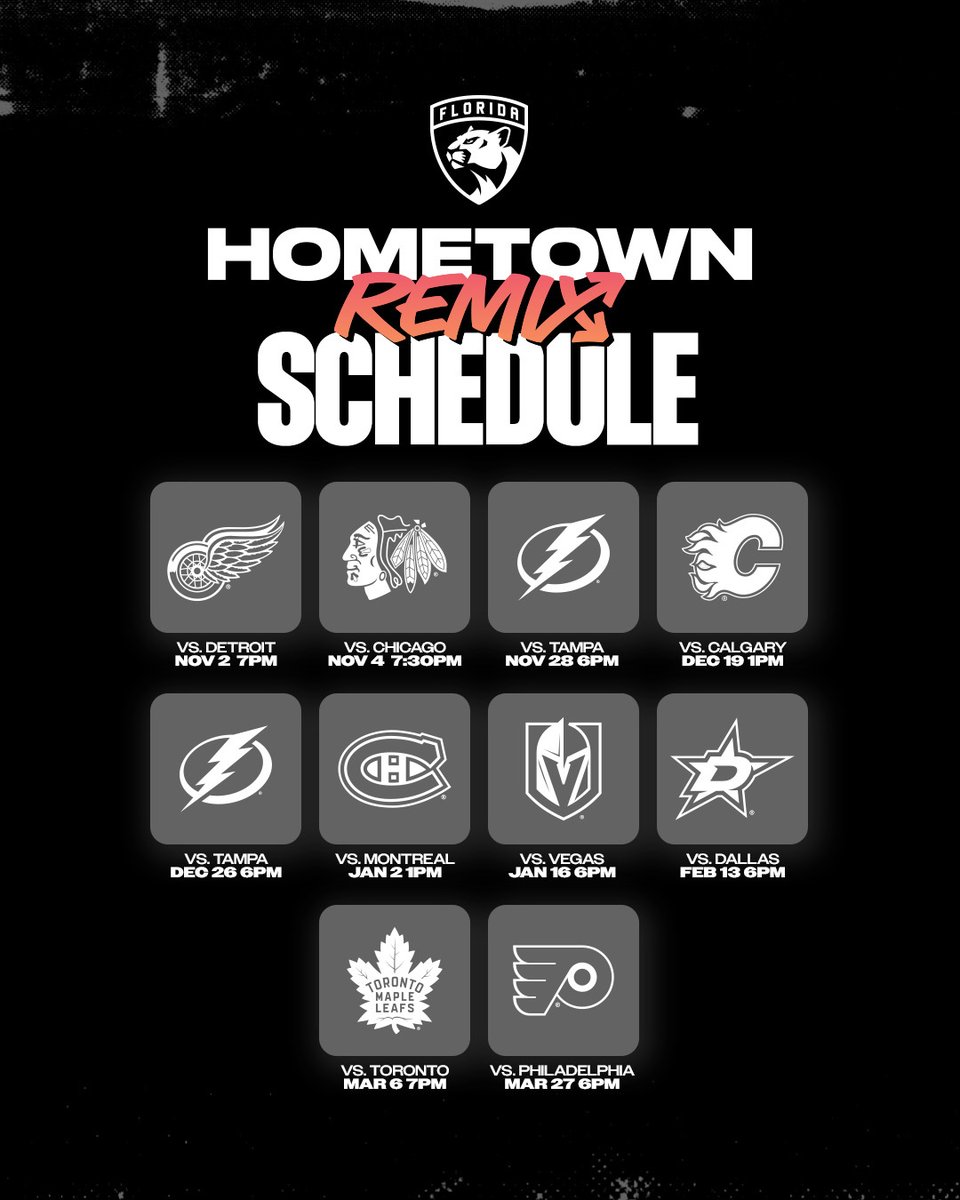 FlaPanthers's tweet photo. Mark your calendars. 📅

Hometown Remix nights are set, get your tickets now!

🎟️ » https://t.co/2QNjOcWF1J https://t.co/78QtJwyqpa