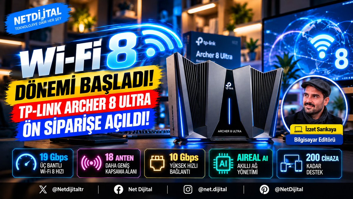Netdijitaltr's tweet photo. Wi-Fi 8 Dönemi Başladı: TP-Link Archer 8 Ultra Ön Siparişe Açıldı! https://t.co/cTJREIVj2H
Ev internetinde yeni bir dönem resmen başlıyor. TP-Link, ilk Wi-Fi 8 router modeli Archer 8 Ultra için ön siparişleri açtı. #wifi #tplink #tplinkrouter #wifi8 #tplinkarcher https://t.co/H1lfibAMe5